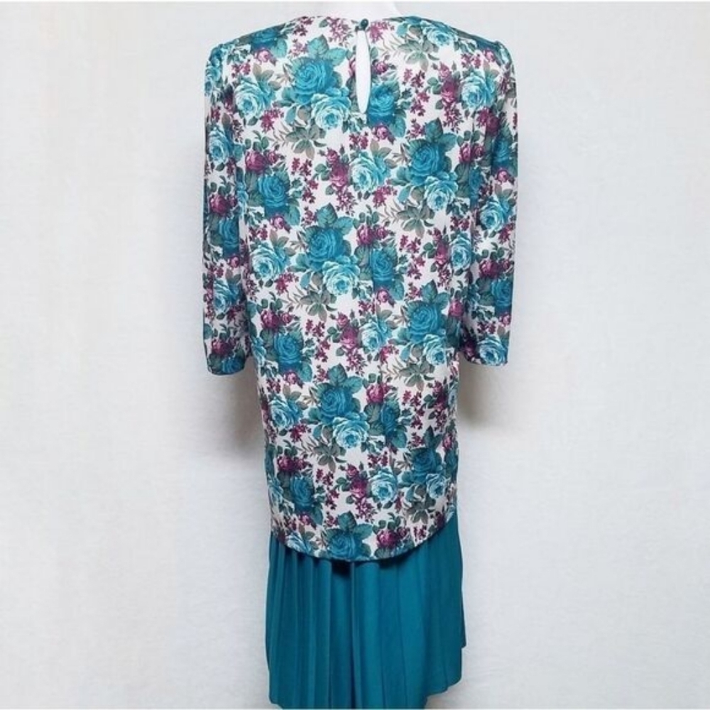 80s Vintage Classic Apparel Teal Cabbage Rose Pleated Quarter Sleeve Midi Dress - Picture 10 of 15